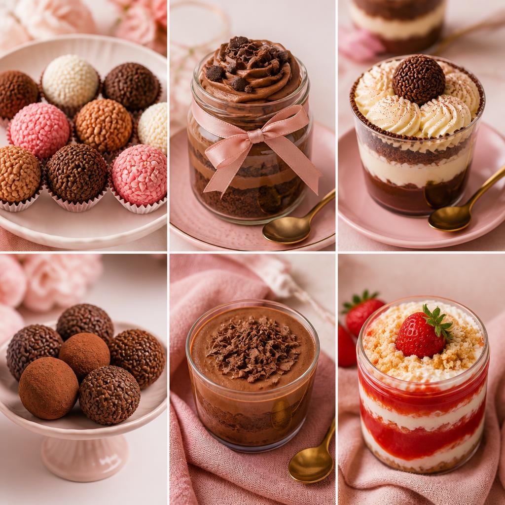 Brigadeiros gourmet, bolo no pote, sobremesa no copo, trufas, mousse de chocolate e sobremesa de morango