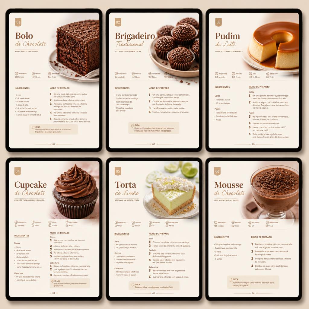Seis páginas do material com receitas de bolo de chocolate, brigadeiro, pudim, cupcake, torta de limão e mousse