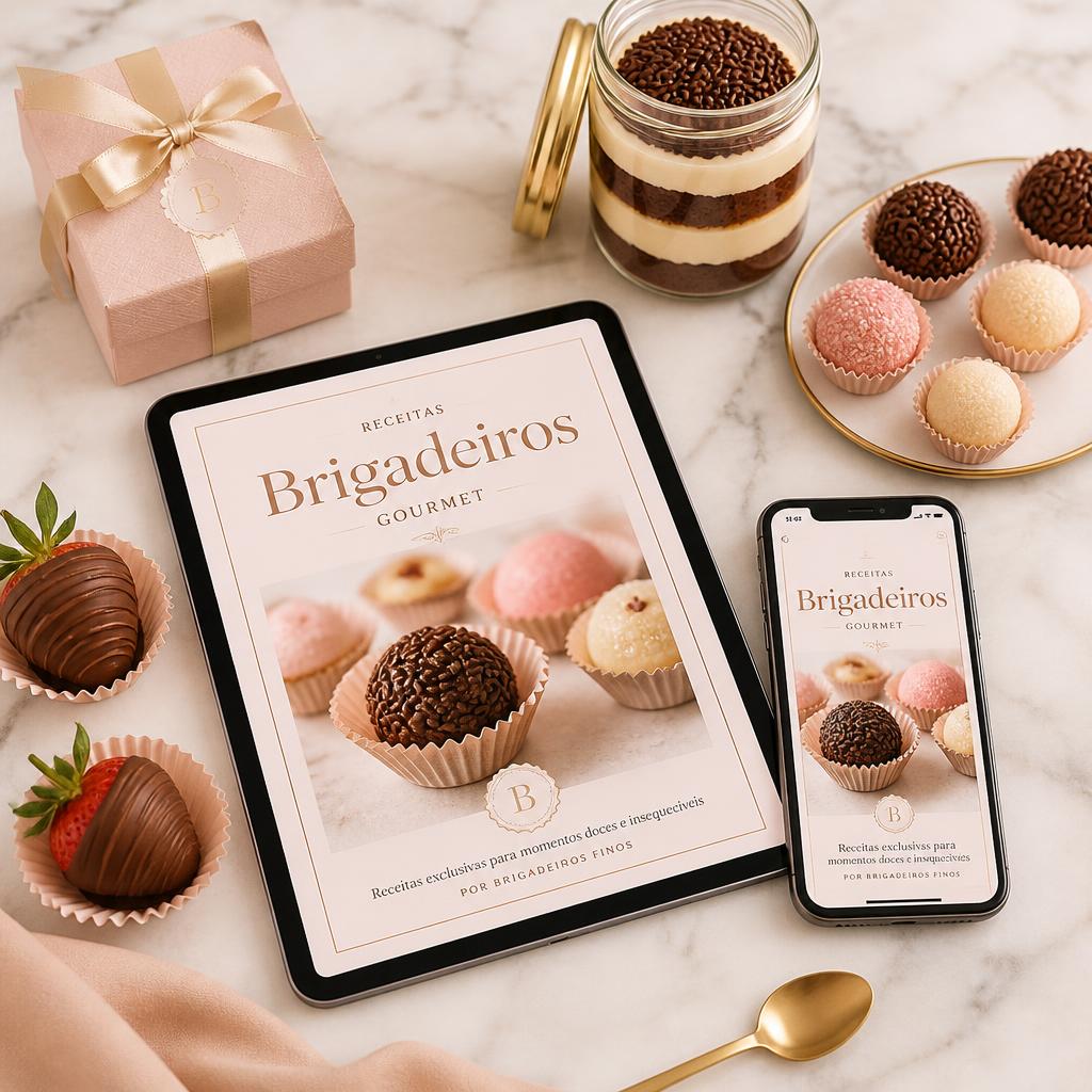 Tablet e celular exibindo o material digital de receitas ao lado de brigadeiros gourmet, bolo no pote, trufas e morangos com chocolate